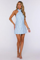 It Girl Rotation Halter Mini Dress Light Blue