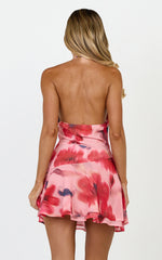 Claudia Mini Dress - Floral Halter Cowl Neck Flounce Dress in Pink Floral