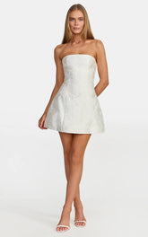 Rosalie Mini Dress - Strapless Jacquard Floral Mini Dress in White