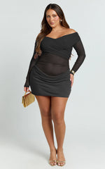 Jade Mini Dress - Long Sleeve Off Shoulder Draped Bias Cut Dress in Black