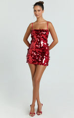 Wilfreda Mini Dress - Sequin Square Neck Bodycon Dress in Red