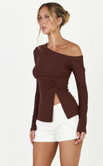 Josephine Top - Asymmetrical Neckline Long Sleeve Twist Detail Top in Chocolate