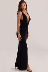 Black Liquid-soft Jersey Plunge Maxi Dress