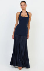 Loretta Maxi Dress - Contrast Halter Neck Pleated Dress in Navy