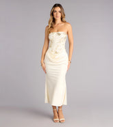 Satin Glow Strapless Beaded Midi Dress