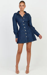 Amaris Mini Dress - Long Sleeve Corset Shirt Dress in Dark Blue Wash