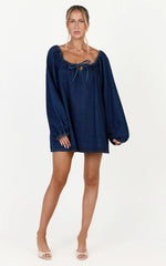 Zaria Mini Dress - Tie Detail Long Sleeve Smock Dress in Dark Blue Wash