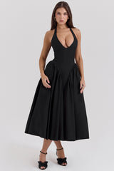 Black Twill Halter Midi Dress