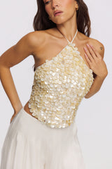 Ivory Georgette Hand Beaded Shell Embellished Halter Neck Top - Limited Edition