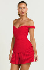 Izara Mini Dress - Off Shoulder Pleated Dress in Red