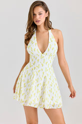 Lemon Floral Print Georgette Halter Neck Mini Dress