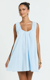 Lucinda Mini Dress - Deep U Gathered Neck Smock Dress in Pale Blue