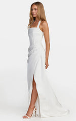 Amber Maxi Dress - Corset Bodice Draped Skirt Halter Dress in White