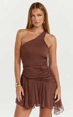 Jett Mini Dress - Scarf Neck Asymmetric Hemline Georgette Dress in Chocolate