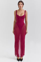 Wine Stretch Mesh Maxi Dress