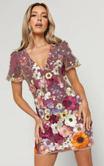 Wren Mini Dress - Puff Sleeve Bodycon 3d Garden Flowers Dress in Burgundy