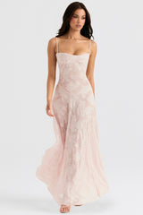 Soft Pink Floral Lace Back Maxi Dress