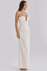 White Chiffon Micro Pleat Strapless Maxi Gown