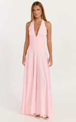 Poppy Maxi Dress - Contrast Skirt Deep Plunge Halter Dress in Soft Pink