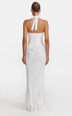 Tilly Maxi Dress - Lace Plunge Neckline Halter Dress in White