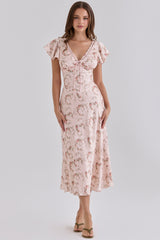 Vintage Rose Floral Print Satin V-neck Midi Tea Dress