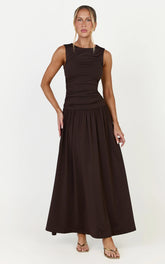 Marguerite Maxi Dress - Gathered Detail Dropped Waist Dress in Dark Chocolate