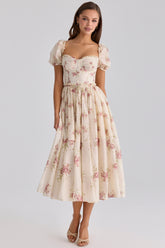 Ivory Vintage Rose Print Chiffon Midi Dress
