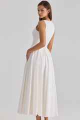 White Boat Neck Button Front Cotton Maxi Dress
