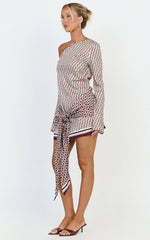 Noelle Mini Dress - Geo Print Off Shoulder Tie Front Dress in Geo Border Print