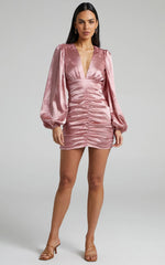 Richmond Mini Dress - Long Sleeve Ruched Dress in Dusty Pink