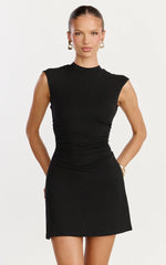 Evie Mini Dress - Cap Sleeve High Neck Ruched Side Dress in Black