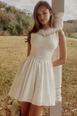 White Embroidered Cotton Lace Trim Mini Dress