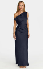 Lira Maxi Dress - One Shoulder Satin Dress in Navy