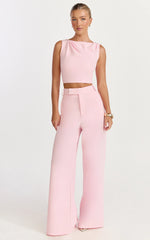 Helen Two Piece Set - Crepe Twisted Top And Wide Leg Pants in Pink