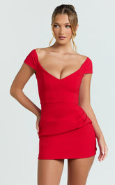 Veronika Mini Dress - Off Shoulder Plunge Fit And Flare Dress in Red