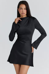 Black Satin Long Sleeve Mini Dress