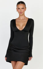 Hazel Mini Dress - Long Sleeve Draped Hip Plunge Dress in Black