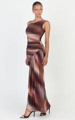 Lucienne Maxi Dress - Asymmetric Neckline Gathered Draped Sash Dress in Aurora Print