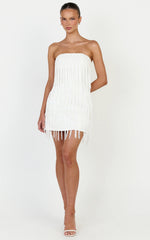 Kyle Mini Dress - Strapless Tassel Bodycon Dress in White