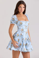 Blue Rose Print Cotton Mini Dress
