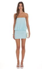 Strapless Blouson Style Mini Dress In Aqua
