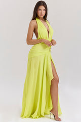 Acid Lime Backless Halter Maxi Dress