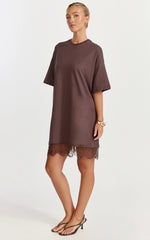 Rina Mini Dress - Mini Lace Trim Dress in Chocolate