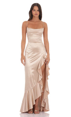 Satin Ruffle Maxi Dress in Champagne