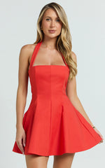 Nadine Mini Dress - Square Neck Halterneck Flare Skirt Dress in Red