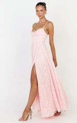 Rachel Maxi Dress - Sweetheart Neckline Jacquard Front Split Dress in Pink