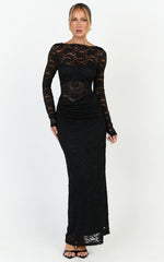Skye Maxi Dress - Lace Long Sleeve Draped Waist Dress in Black