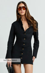 Lizzie Mini Dress - Long Sleeve Button Front Shirt Dress in Black
