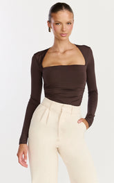 Seraphina Top - Long Sleeve Square Neck Gathered Waist Top in Chocolate