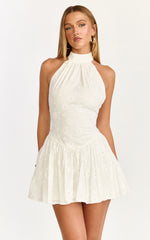 Lyra Mini Dress - Broderie Halter Neck Tie Drop V Waist Dress in White